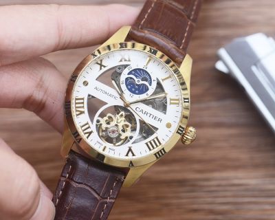 Cartier 41*12mm Skeleton Face Mingzhu Movement Leather Band Men Watch